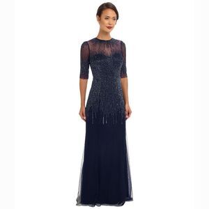 New! ADRIANNA PAPELL Women's Sequined Beaded Mesh Gown Dress Navy Blue Size 6